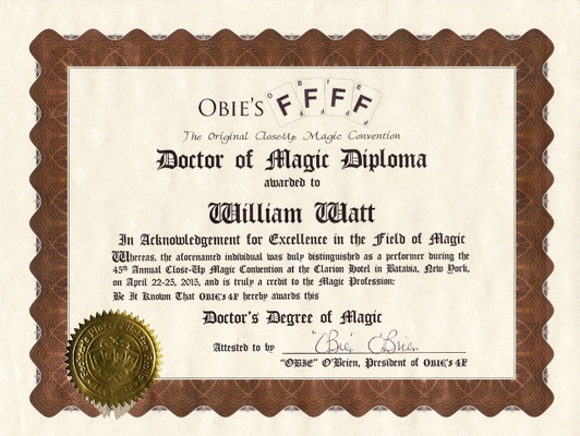 William Watt diplomé "Doctor of Magic" à Buffalo (New-York) en 2015